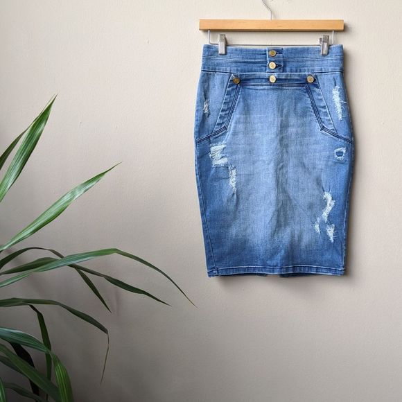 bebe Dresses & Skirts - Bebe Fleur Wash Distressed Denim Pencil Skirt sz28